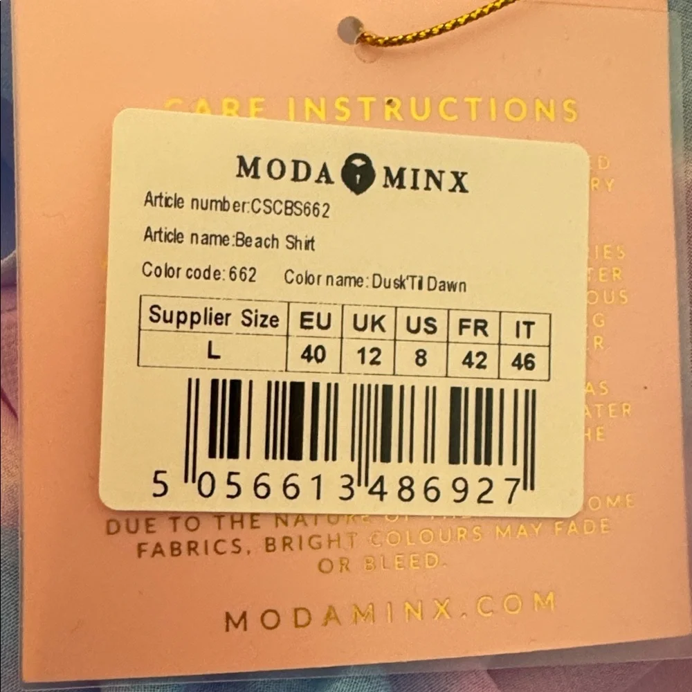 MODA MINX Dusk Til Dawn Chiffon pastel multi colored BEACH SWIM COVER UP SHIRT L